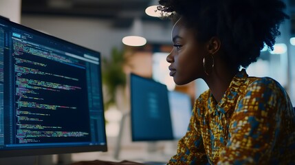 Sticker - A young woman in a colorful shirt is focused on her computer screen, likely writing code.