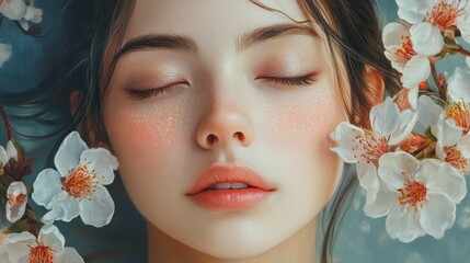 Wall Mural - Close-up portrait of a woman with closed eyes and flowers around her face