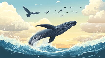 Wall Mural - a blue whale leaps out of the ocean, with birds flying overhead, against a backdrop of clouds and a 