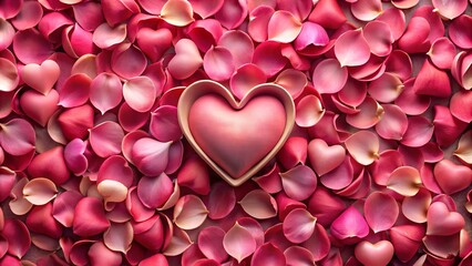 Heart-shaped container surrounded by pink rose petals for romantic gift or decoration