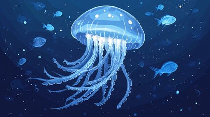 Wall Mural - A blue jellyfish with long tentacles swims amongst small fish in the deep blue ocean.