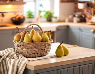 Canvas Print - Ripe Pears in a Wicker Basket on a Kitchen Counter