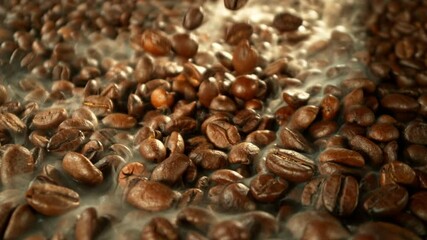 Aufkleber - Super Slow Motion of Falling Coffee Beans on Pile. Concept of Roasting Coffee Beans. Filmed on High Speed Cinema Camera, 1000 fps.