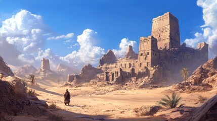 Poster - Solitary Figure Exploring a Desert Landscape with Ruins