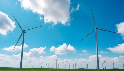 Renewable energy landscape featuring a power plant and wind turbines against a clear sky