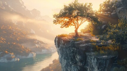 Poster - Majestic Mountain Landscape with Solitary Tree at Sunset