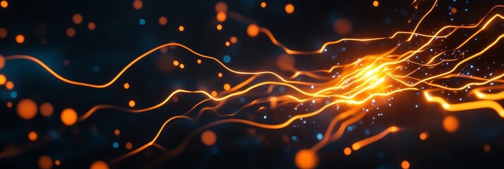 Poster - A dynamic illustration of an electrical circuit, featuring glowing lines that represent energy flow, intertwined with scattered particles, symbolizing connectivity, power, technology, and innovation.