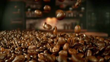 Aufkleber - Super Slow Motion of Falling Coffee Beans on Pile. Filmed on High Speed Cinema Camera, 1000 fps. Blur Kitchen Industrial Interior on Background.