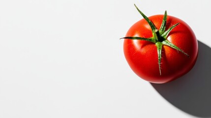 A single ripe tomato, featuring a vibrant red hue and a green stem, isolated on a pristine white background. This image evokes freshness, health, and simplicity.