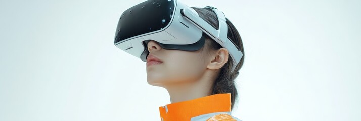 A young woman wearing a virtual reality headset, exploring a digital world,  representing innovation, technology, and the future of entertainment, education, and gaming.