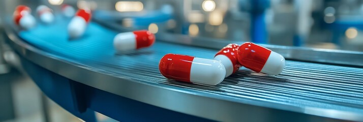 Close-up of red and white capsules moving along a conveyor belt in a pharmaceutical production line, symbolizing medicine, healthcare, technology, automation, and efficiency.