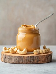 Wall Mural - Creamy cashew butter in a glass jar with a spoon, surrounded by cashews on a wooden slice. This image is perfect for showcasing the deliciousness of cashew butter and its versatility in recipes.