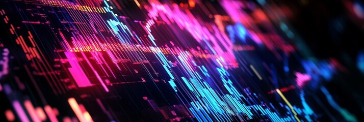 Digital Abstract Representation of Financial Data - a vibrant, colorful abstract representation of financial data with lines and graphs symbolizing growth, trends, risk, opportunities, and technology.