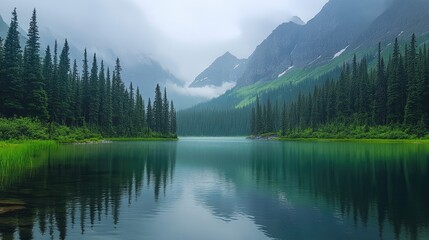 Scenic view of emerald lake surrounded by mountains and pine trees