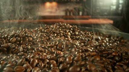 Aufkleber - Super Slow Motion of Coffee Beans Rotating in Roasting Grinder. Concept of Roasting Coffee Beans with Blur Industrial Interior on Background. Filmed on High Speed Cinema Camera, 1000 fps.