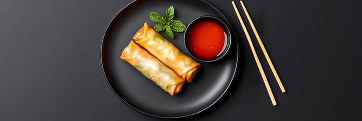 Two crispy spring rolls served on a black plate with sweet chili dipping sauce and chopsticks. Perfect for an appetizer or light meal.