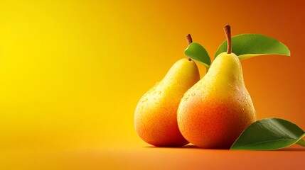 Two ripe pears with green leaves on a yellow background, representing healthy eating, freshness, and natural goodness.