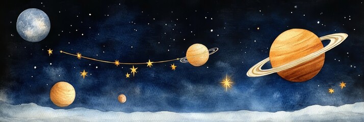 watercolor painting of a celestial scene featuring planets, stars, and a constellation. the artwork 