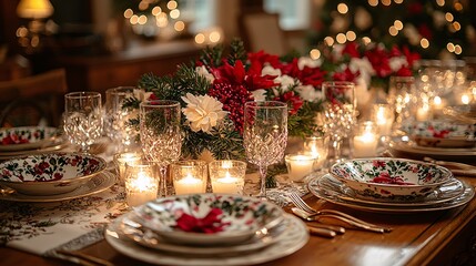 A perfectly set dinner table with a formal tablecloth and decorations, elegant tableware