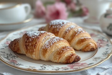 Two delicious croissants are lying on a plate and are ready to be eaten