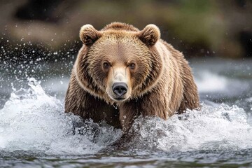 Wall Mural - large brown bear walking in river looking for salmon