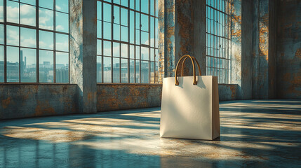 shopping bag mockup stands on a concrete floor with soft lighting casting shadows. The minimalist design and neutral tones symbolize consumerism, sustainability, and simplicity in modern retail