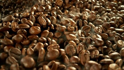 Aufkleber - Super Slow Motion of Coffee Beans Rotating in Roasting Grinder. Concept of Roasting Coffee Beans with Camera Motion. Filmed on High Speed Cinema Camera, 1000 fps.