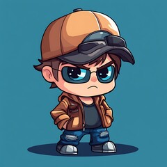 Canvas Print - Cool chibi cartoon character with cap, sunglasses, and jacket, avatar illustration