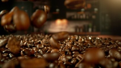 Aufkleber - Super Slow Motion of Male Hands Pouring Coffee Beans. Filmed on High Speed Cinema Camera, 1000 fps. Blur Kitchen Industrial Interior on Background. Speed Ramp Effect.