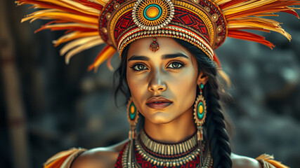 Close-up portrait of a Mayan woman in traditional dress and beautiful jewelry.