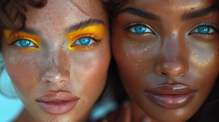 Close-up portrait of two women with blue eyes and gold eyeshadow, looking at the camera.