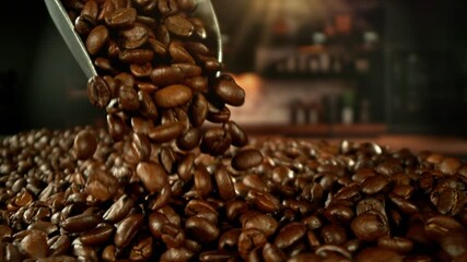 Aufkleber - Super Slow Motion of Male Hands Pouring Coffee Beans from Spoon. Filmed on High Speed Cinema Camera, 1000 fps. Blur Kitchen Industrial Interior on Background.