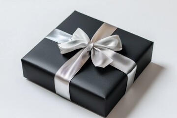 Wall Mural - Elegant Black Gift Box with Shiny Silver Ribbon on White Background - Perfect for Celebrations