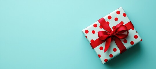 Polka Dot Gift Box with Red Ribbon on Light Blue Background - Perfect for Youthful Celebrations