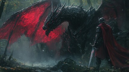 Wall Mural - A Dark Knight Confronts a Fiery Black Dragon in a Misty Forest