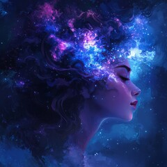 Canvas Print - A cosmic portrait of a woman with galaxy-like hair.