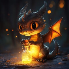 Wall Mural - A cute dragon holding a glowing potion bottle.