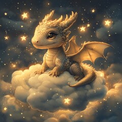 Sticker - A cute dragon sitting on a cloud amidst sparkling stars.