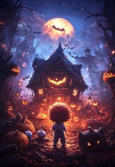 Spooky Halloween night scene with haunted house, jack o lantern pumpkins, bats, and a little boy.