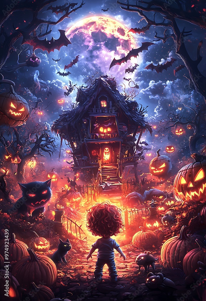 Spooky Halloween night scene with haunted house, jack o lanterns, bats ...