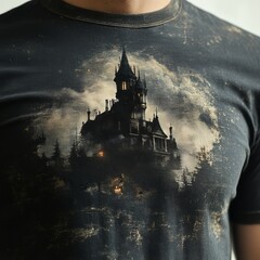 Sticker - A dark, atmospheric graphic of a haunted castle on a shirt.