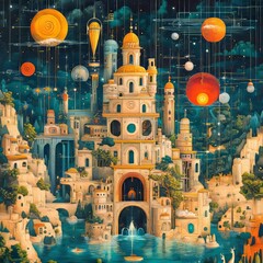 Poster - A fantastical cityscape with celestial bodies above.