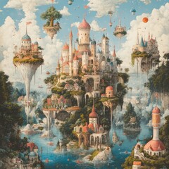 Poster - A fantastical floating castle landscape with vibrant colors.