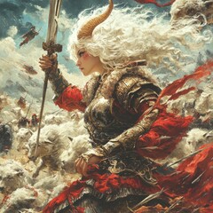 Wall Mural - A fierce warrior leading a charge with a dramatic backdrop.