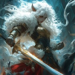 A fierce warrior with white hair and a sword.