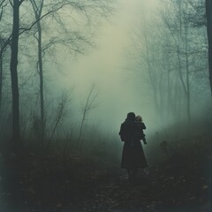 Canvas Print - A figure carrying a child walks through a foggy forest.