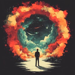 Canvas Print - A figure stands before a vibrant, cosmic portal.