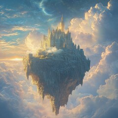 Wall Mural - A floating castle amidst colorful clouds at sunset.