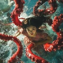 Sticker - A girl entangled with a giant red octopus underwater.