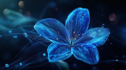 Wall Mural - A vibrant blue flower merging with digital lines, symbolizing the connection between nature and technology in a futuristic, data-driven world